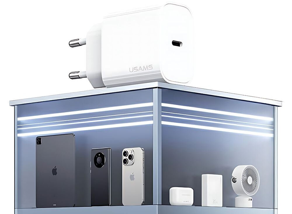 Ładowarka sieciowa USAMS T65 CC226TC01 20W Biały
ładowarka na półce z urządzeniami na białym tle
szybkie ładowanie port USB-C Power Delivery wygodne praktyczne smartfony, tablety czy powerbanki dopasowuje moc ładowania