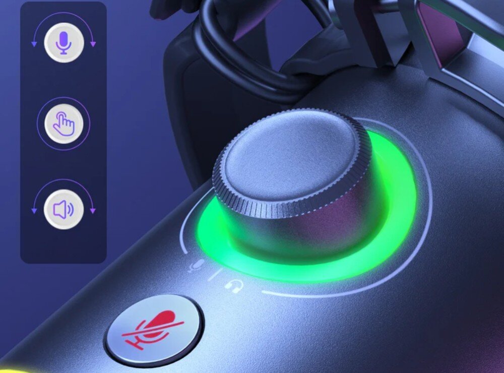 Mikrofon MAONO PD200XS Detal górnej części mikrofonu z czarnym pokrętłem otoczonym niebieskim podświetleniem oraz przyciskiem wyciszenia z ikoną przekreślonego mikrofonu