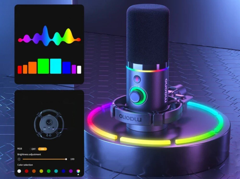 Mikrofon MAONO PD200XS Mikrofon stojący w uchwycie obok grafik przedstawiających panel sterowania kolorami RGB oraz schemat dolnych złączy urządzenia