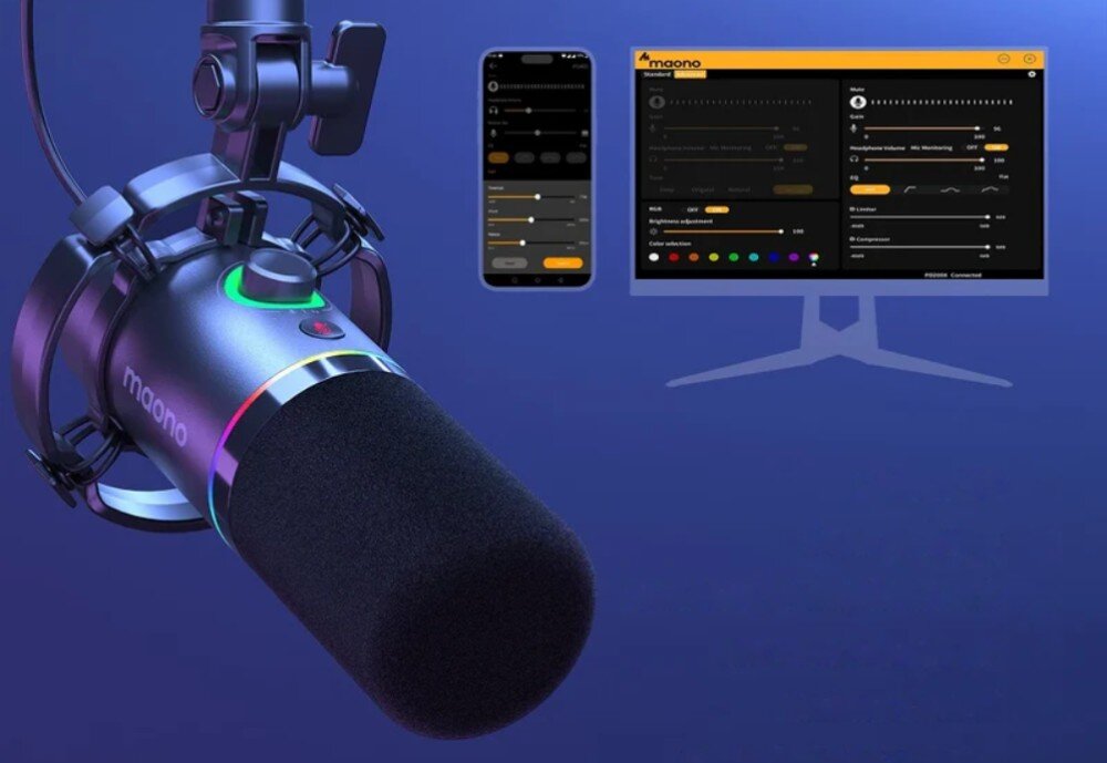 Mikrofon MAONO PD200XS Laptop i smartfon wyświetlające interfejs aplikacji do regulacji wzmocnienia, głośności słuchawek oraz ustawień korektora dźwięku obok mikrofonu