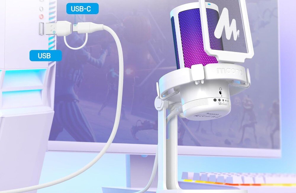 Mikrofon MAONO DGM20 Zbliżenie na spód białego mikrofonu z podłączonym kablem audio oraz grafikę prezentującą przewód USB zakończony dwiema różnymi wtyczkami, USB i USB-C