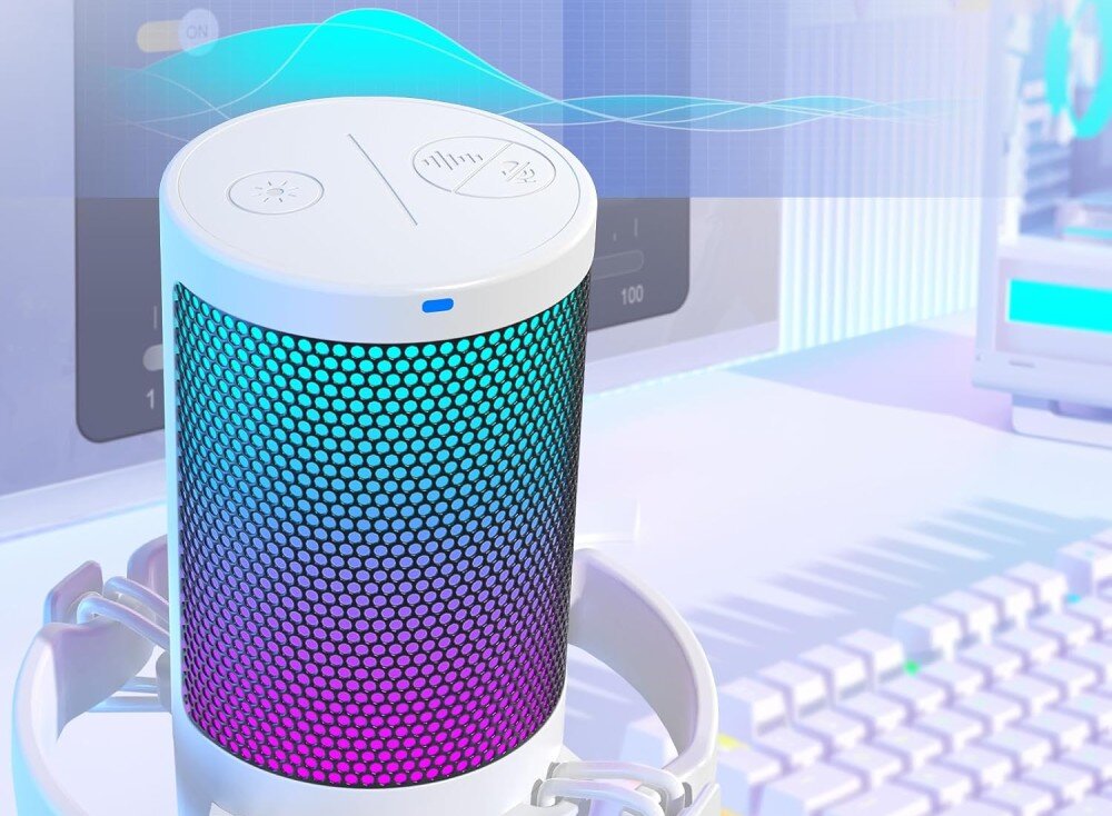 Mikrofon MAONO DGM20 Zbliżenie na górny panel mikrofonu z dwoma przyciskami dotykowymi i niebieską diodą, podczas gdy dolna część obudowy świeci kolorami tęczy