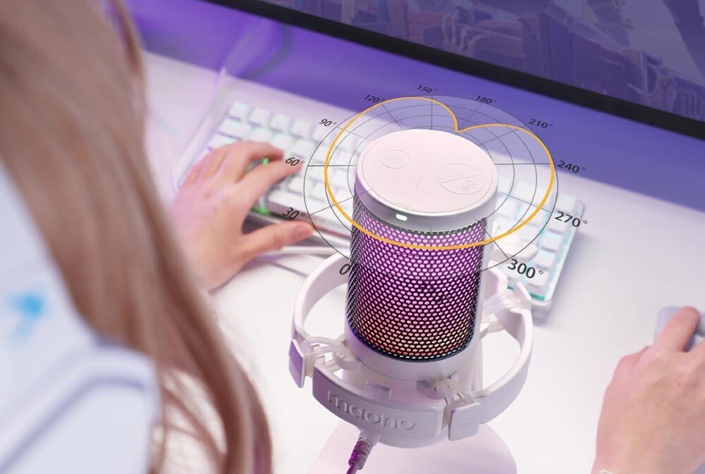 Mikrofon MAONO DGM20 Widok z góry na mikrofon z nałożonym schematem kołowym przedstawiającym kardioidalną charakterystykę kierunkowości w kształcie serca