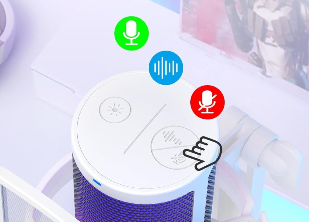 Mikrofon MAONO DGM20 Dłoń dotykająca panelu na górze mikrofonu, obok którego wyświetlone są ikony symbolizujące włączony mikrofon, redukcję szumów oraz wyciszenie