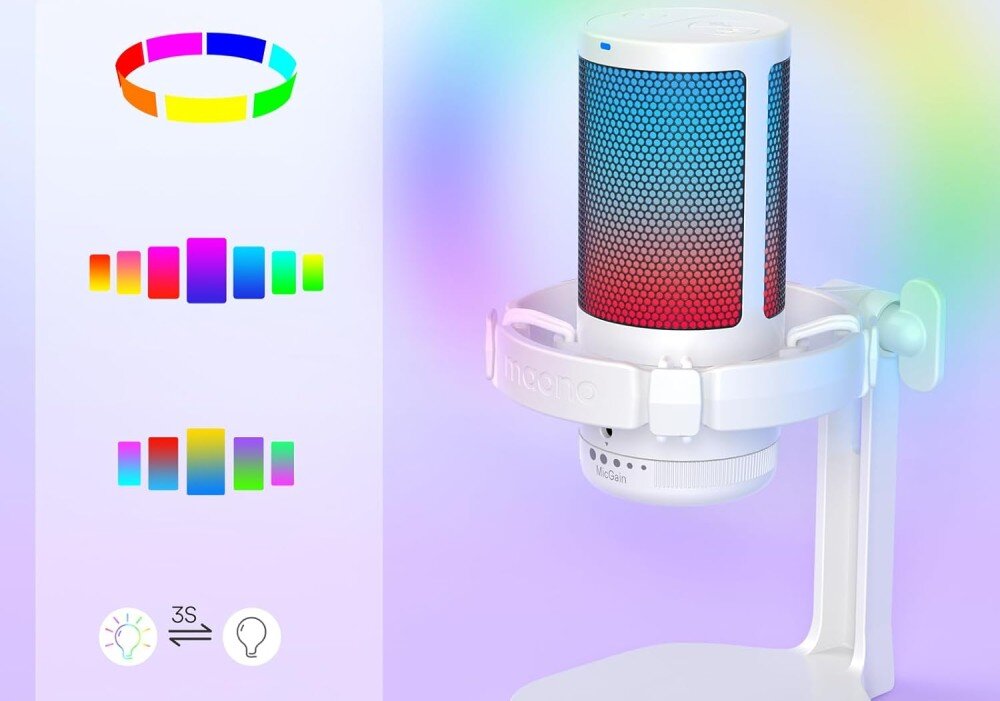 Mikrofon MAONO DGM20 Biały mikrofon na statywie z kolorowym podświetleniem obudowy, a obok grafiki prezentujące różne tryby świecenia: statyczny, pulsujący i gradientowy