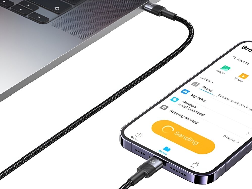 Kabel USAMS US-SJ724
kabel podłączony do telefonu i laptopa wykonanie tpe stop aluminium cynowana miedź pleciony przewód