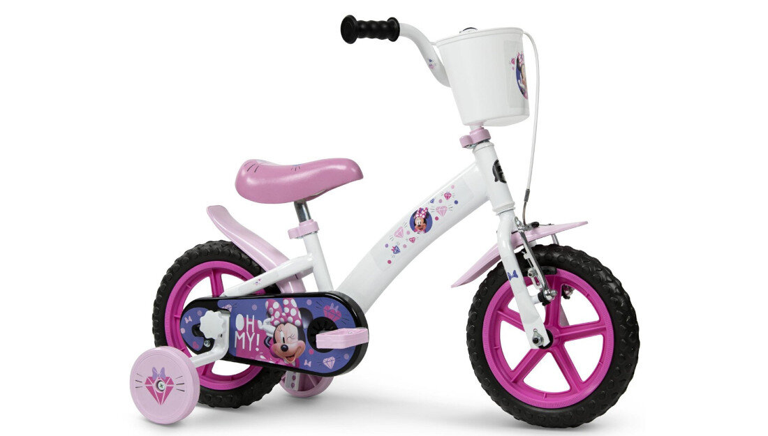 Rower dziecięcy HUFFY Disney Myszka Minnie 12 cali Różowy Wzrost: 85-100 cm Wiek: 3-5 lat rower na białym tle widoczny od przodu pod skosem dla dzieci w wieku od 3 do 5 lat trwałość wytrzymałość mocna konstrukcja księżniczki z bajek Disney