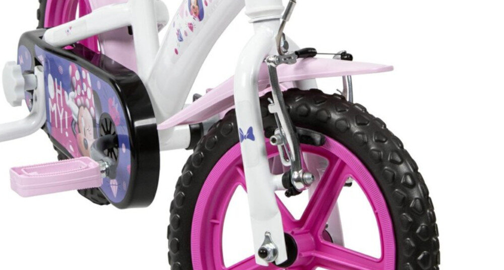 Rower dziecięcy HUFFY Disney Myszka Minnie 12 cali Różowy Wzrost: 85-100 cm Wiek: 3-5 lat zbliżenie na przedni hamulec zdjęcie na białym tle podstawa bezpieczeństwa hamulec hamulec V-Brake typu Caliper lekki duża siła hamowania
