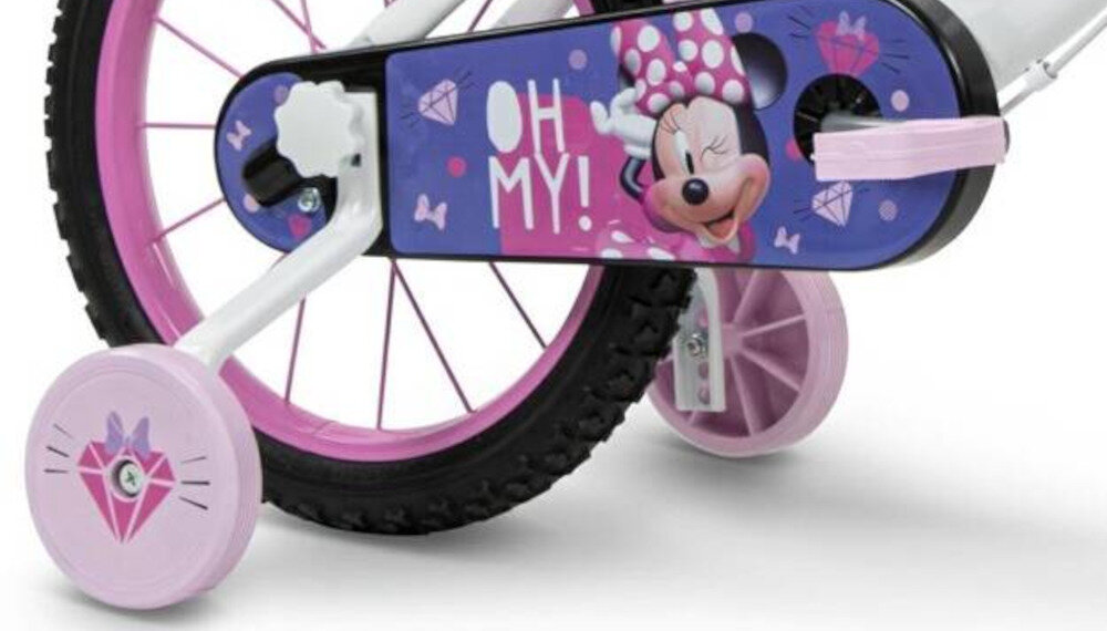 Rower dziecięcy HUFFY Disney Minnie 16 cali Biały Wzrost: 100-120 cm Wiek: 3-5 lat zbliżenie na kółka boczne i osłonę łańcucha zdjęcie na białym tle boczne kółka asekurują dziecko w początkowej fazie nauki boczne kółka można łatwo usunąć osłona łańcucha kolorowa grafika zabezpiecza łańcuch przed brudem