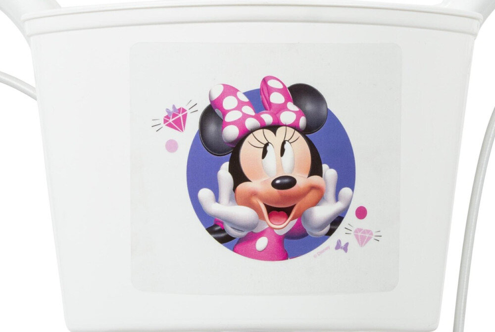 Rower dziecięcy HUFFY Disney Minnie 16 cali Biały Wzrost: 100-120 cm Wiek: 3-5 lat zbliżenie na kierownicę zdjęcie na białym tle brak uczucia dyskomfortu odpowiednia pozycja ciała uchwyty z antypoślizgowego materiału koszyk na drobiazgi