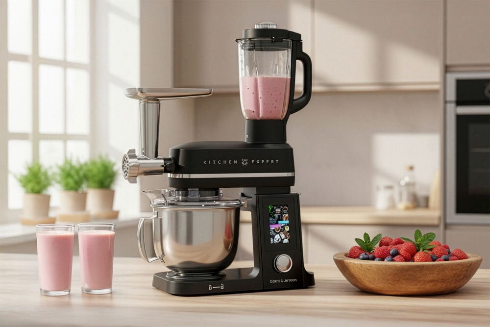 Robot kuchenny planetarny GÖTZE & JENSEN SB900K 1600W Wielofunkcyjny robot planetarny Götze & Jensen z zamontowanym blenderem kielichowym i maszynką do mielenia mięsa.