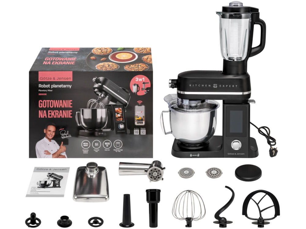Robot kuchenny planetarny GÖTZE & JENSEN SB900K 1600W Kompletny zestaw robota planetarnego Götze & Jensen SB900K z blenderem, maszynką do mielenia, akcesoriami i opakowaniem.