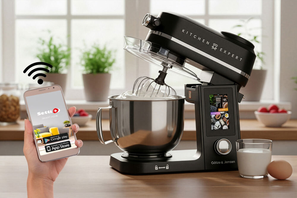 Robot kuchenny planetarny GÖTZE & JENSEN SB900K 1600W Robot kuchenny Götze & Jensen połączony z aplikacją Setti+ na smartfonie przez Wi-Fi podczas ubijania piany.