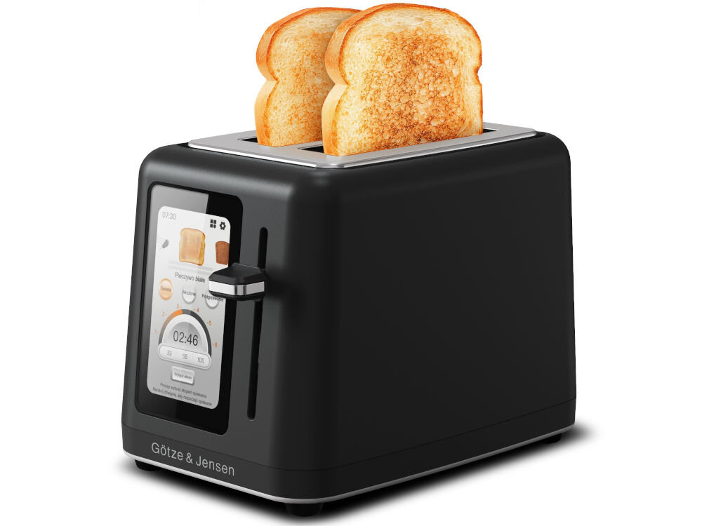 Toster GÖTZE&JENSEN TO950K Czarny toster Götze & Jensen z kolorowym wyświetlaczem LCD, w którym znajdują się dwie przyrumienione grzanki pieczywa białego.