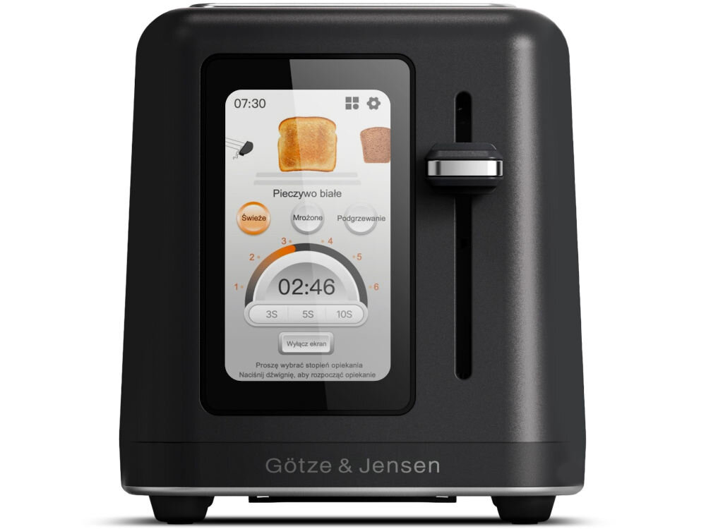 Toster GÖTZE&JENSEN TO950K Czarny toster Götze & Jensen z dotykowym ekranem LCD wyświetlającym menu wyboru rodzaju pieczywa i czas opiekania 02:46.