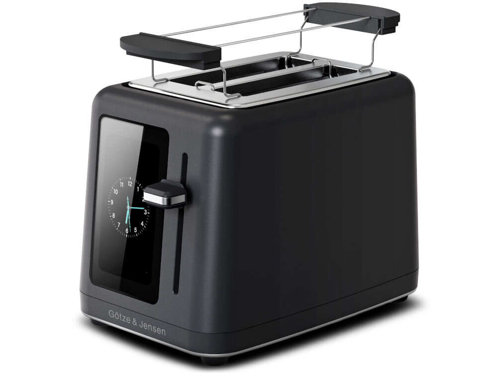 Toster GÖTZE&JENSEN TO950K Toster GÖTZE&JENSEN TO950K Czarny toster Götze & Jensen z zamontowanym rusztem do podgrzewania bułek oraz wygaszonym ekranem z funkcją analogowego zegara