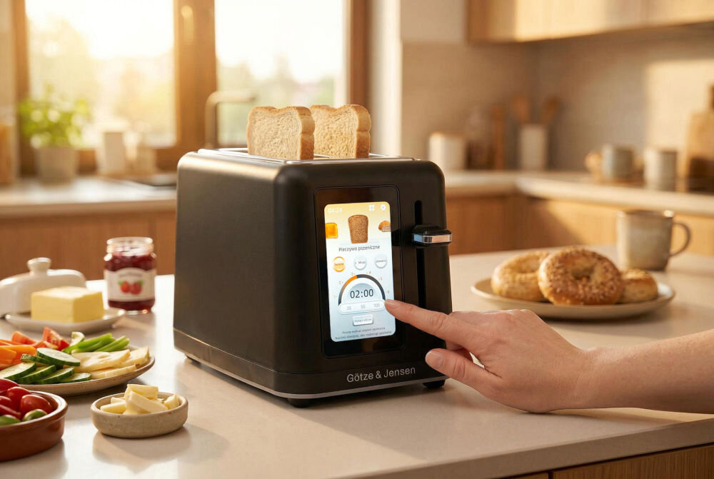 Czarny toster Götze & Jensen z dwoma kromkami chleba, posiadający ekran dotykowy z ustawieniami czasu na 2 minuty. W tle widać kuchnię z różnymi produktami spożywczymi na blacie.