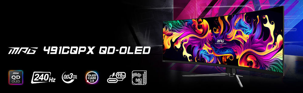 Monitor MSI MPG 491CQPX QD-OLED 49 cali 5120x1440px 240Hz 0.03 ms [GTG] Curved prezentacja monitora w tle podświetlenia ikony technologii napis z modelem