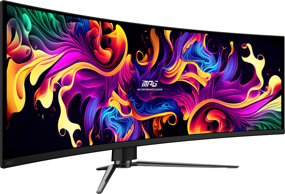 Monitor MSI MPG 491CQPX QD-OLED 49 cali 5120x1440px 240Hz 0.03 ms [GTG] Curved prezentacja monitora od przodu pod kątem na białym tle zakrzywiony monitor panoramiczny szeroki ekran gamingowy do pracy i multimediów wysoka jakość obrazu komfort pracy poczucie przestrzeni
