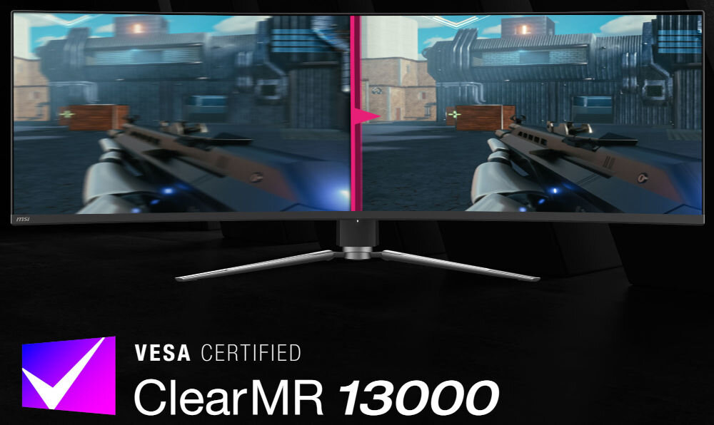 Monitor MSI MPG 491CQPX QD-OLED 49 cali 5120x1440px 240Hz 0.03 ms [GTG] Curved prezentacja monitora na ciemnym tle pokazanie działanie w grze strzelance certyfikat VESA ClearMR 13000 odwzorowanie kolorów 10-bit MSI QD Premium (Delta E ≤ 2) DCI-P3: 99% / sRGB: 138%