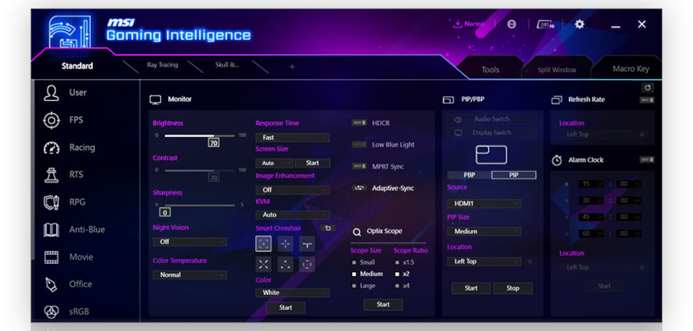 Monitor MSI MPG 491CQPX QD-OLED 49 cali 5120x1440px 240Hz 0.03 ms [GTG] Curved pokazanie działanie Gaming Intelligence ustawianie monitora za pomocą klawiatury i myszy skróty klawiszowe przełączanie profili