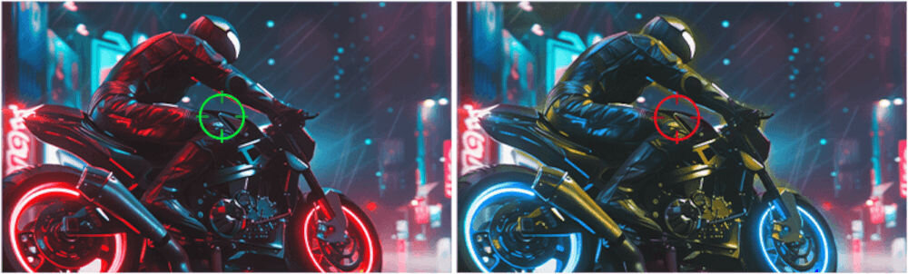 Monitor MSI MPG 491CQPX QD-OLED 49 cali 5120x1440px 240Hz 0.03 ms [GTG] Curved pokazanie działanie w grze w tle motocykl inteligentny celownik automatyczna zmiana koloru nie zlewa się z tłem gaming