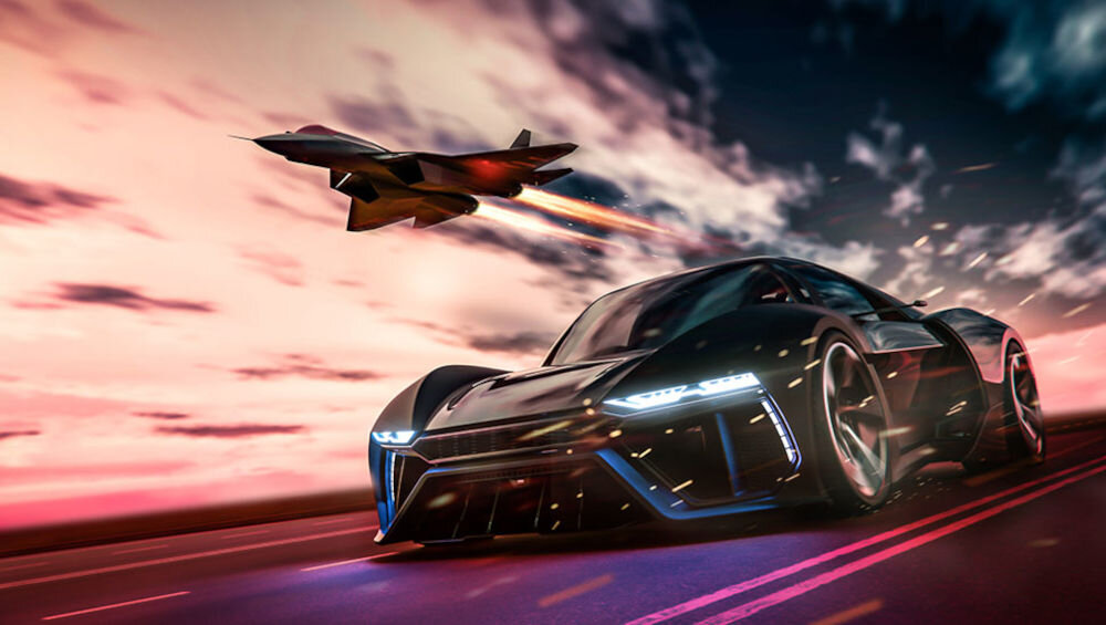 Monitor MSI MPG 491CQPX QD-OLED 49 cali 5120x1440px 240Hz 0.03 ms [GTG] Curved prezentacja VRR samochód i samolot pokazany redukcja opóźnień płynna szczegółowa rozgrywka UHD