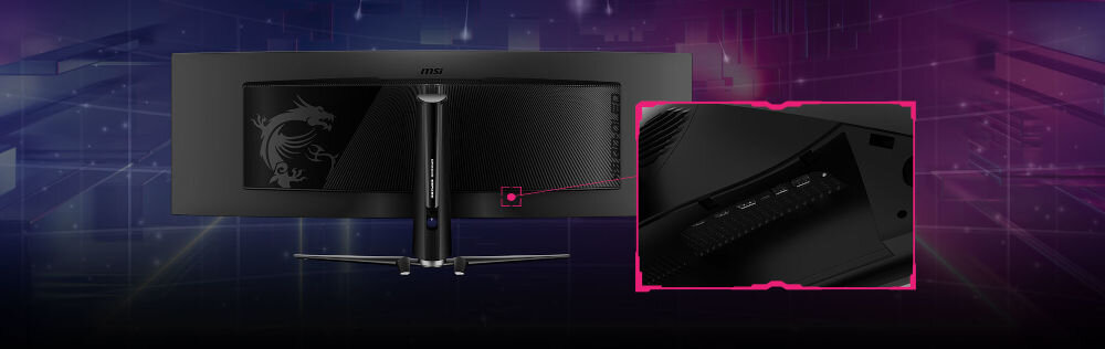 Monitor MSI MPG 491CQPX QD-OLED 49 cali 5120x1440px 240Hz 0.03 ms [GTG] Curved prezentacja tylnej obudowy monitora zbliżenie na wejścia aktualizacja firmware przez USB-A DisplayPort optymalna wydajność