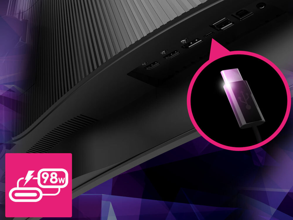 Monitor MSI MPG 491CQPX QD-OLED 49 cali 5120x1440px 240Hz 0.03 ms [GTG] Curved prezentacja portów i gniazd znajdujących się z tyłu obudowy 2 x HDMI 2.1 DisplayPort 1.4 USB-C z DisplayPort i Power Delivery 2 × USB-A 2.0 USB-B 2.0 wyjście słuchawkowe wejście zasilania