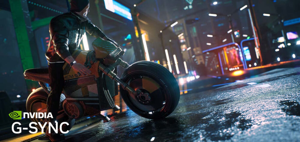 Monitor MSI MPG 491CQPX QD-OLED 49 cali 5120x1440px 240Hz 0.03 ms [GTG] Curved prezentacja działanie G-SYNC motocykl na ulicy w nocy zgodność z G-SYNC eliminacja zacinania i opóźnień płynna gra w dynamicznych tytułach