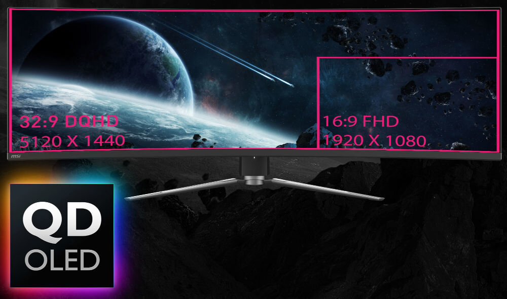 Monitor MSI MPG 491CQPX QD-OLED 49 cali 5120x1440px 240Hz 0.03 ms [GTG] Curved prezentacja monitora na galaktycznym tle zakrzywienie 1800R proporcje 32 na 9 kąty widzenia układ subpikseli czytelność drobnych elementów naturalne pole widzenia skupienie komfort kąt widzenia 178 stopni