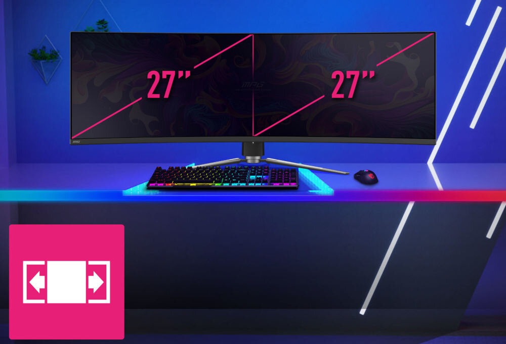 Monitor MSI MPG 491CQPX QD-OLED 49 cali 5120x1440px 240Hz 0.03 ms [GTG] Curved prezentacja monitora na tle pokoju z podziałem 2 x 27 cali 5120×1440 DQHD QD-OLED nanocząsteczki poprawa kolorów 1,07 mld barw 10-bit fabryczna kalibracja MSI QD Premium (ΔE)≤2 DCI-P3 99% sRGB 146% nasycone kolory