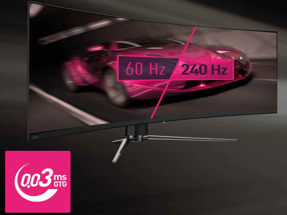 Monitor MSI MPG 491CQPX QD-OLED 49 cali 5120x1440px 240Hz 0.03 ms [GTG] Curved prezentacja monitora od przodu pod kątem na szarym tle na ekranie samochód porównanie 240 Hz i 60 Hz czas reakcji 0,03 ms GtG obraz bez rozmyć