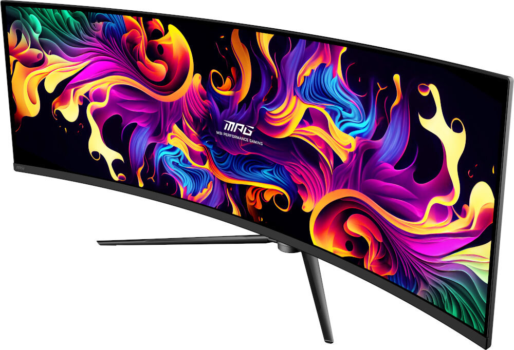 Monitor MSI MPG 491CQPX QD-OLED 49 cali 5120x1440px 240Hz 0.03 ms [GTG] Curved prezentacja monitora od przodu pod kątem na białym tle OLED HDR 250/1000 nitów kontrast 1500000:1 sterowanie pojedynczych pikseli głęboka czerń widoczne detale