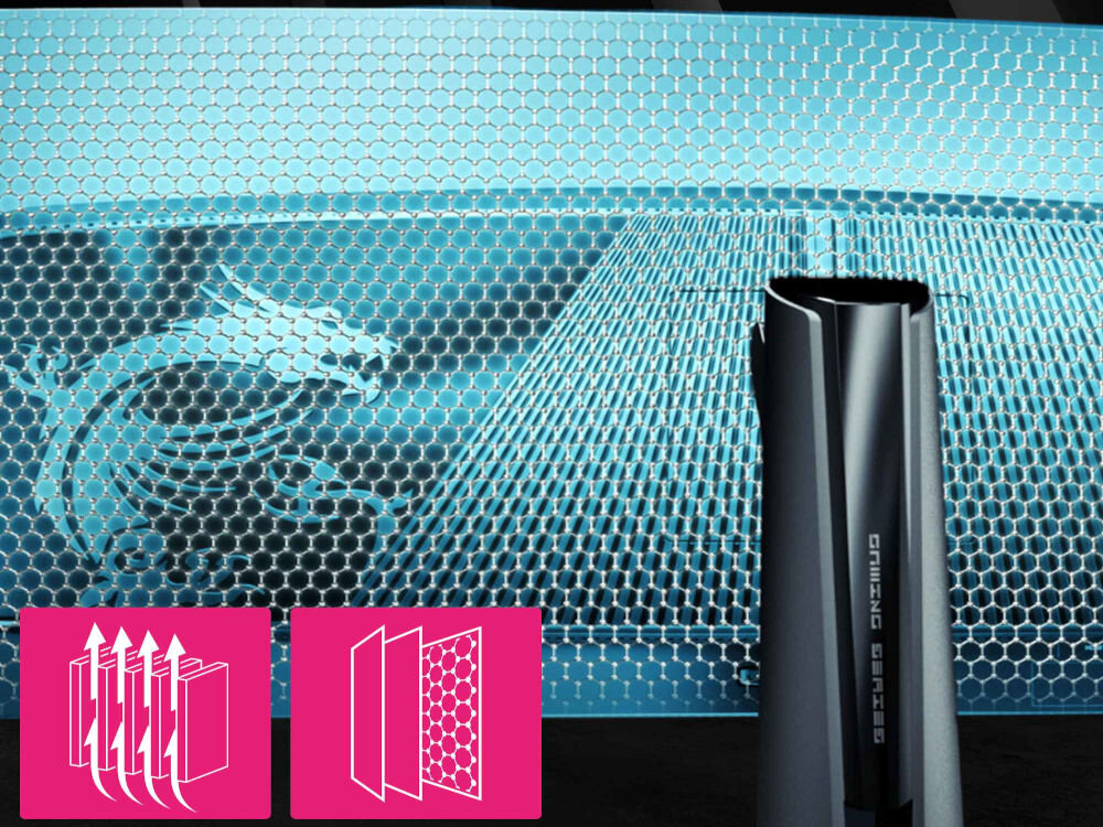 Monitor MSI MPG 491CQPX QD-OLED 49 cali 5120x1440px 240Hz 0.03 ms [GTG] Curved prezentacja chłodzenia monitora chłodzenie pasywne folia grafenowa bezgłośna praca radiator pasywny wspomaganie odprowadzania ciepła eliminacja konieczności stosowania wentylatora