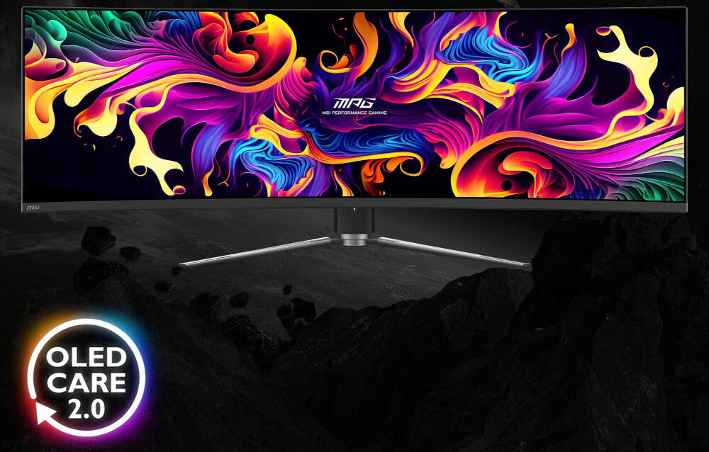 Monitor MSI MPG 491CQPX QD-OLED 49 cali 5120x1440px 240Hz 0.03 ms [GTG] Curved prezentacja monitora na ciemnym tle napis OLED Care 2.0 MSI OLED Care 2.0 zabezpieczenia wypalenie pikseli wykrywanie obecności paska zadań