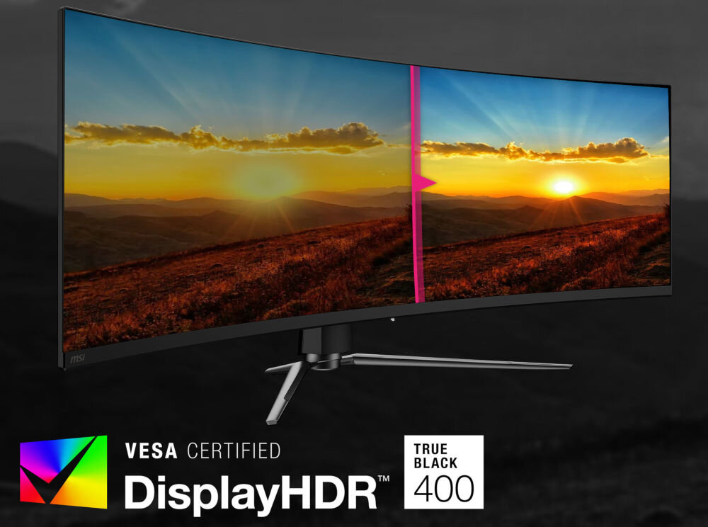Monitor MSI MPG 491CQPX QD-OLED 49 cali 5120x1440px 240Hz 0.03 ms [GTG] Curved prezentacja monitora na szarym tle krajobrazu porównanie VESA DisplayHDR True Black 400 i zwykłej DisplayHDR True Black 400 kontrast jasność szczegóły w ciemnych scenach odwzorowanie szczegółów certyfikat VESA DisplayHDR True Black 400 naturalne przejścia zgodność