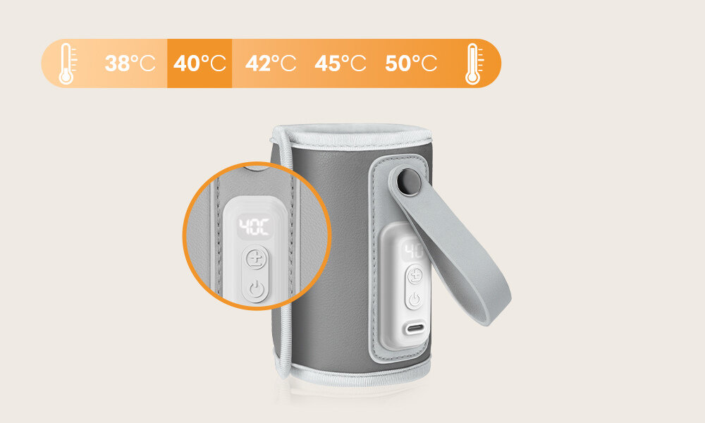 Podgrzewacz do butelek w kolorze srebrnym z wyświetlaczem pokazującym 40°C. Widoczne przyciski z symbolami plusa, włączania i portem USB.