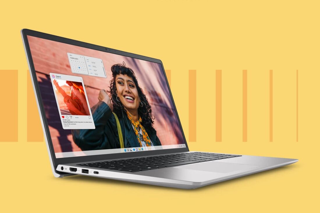 Laptop DELL Inspiron 3530 z wyświetloną fotografią kobiety na ekranie. - Wygodna praca, Płynność obrazu