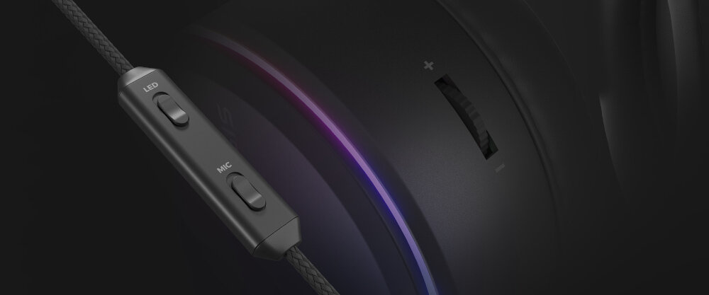 Słuchawki GENESIS Neon 613 G2 - Sterowanie dźwiękiem i światłem, przełączniki, kadr na pilot sterujący oraz przełącznik głośności