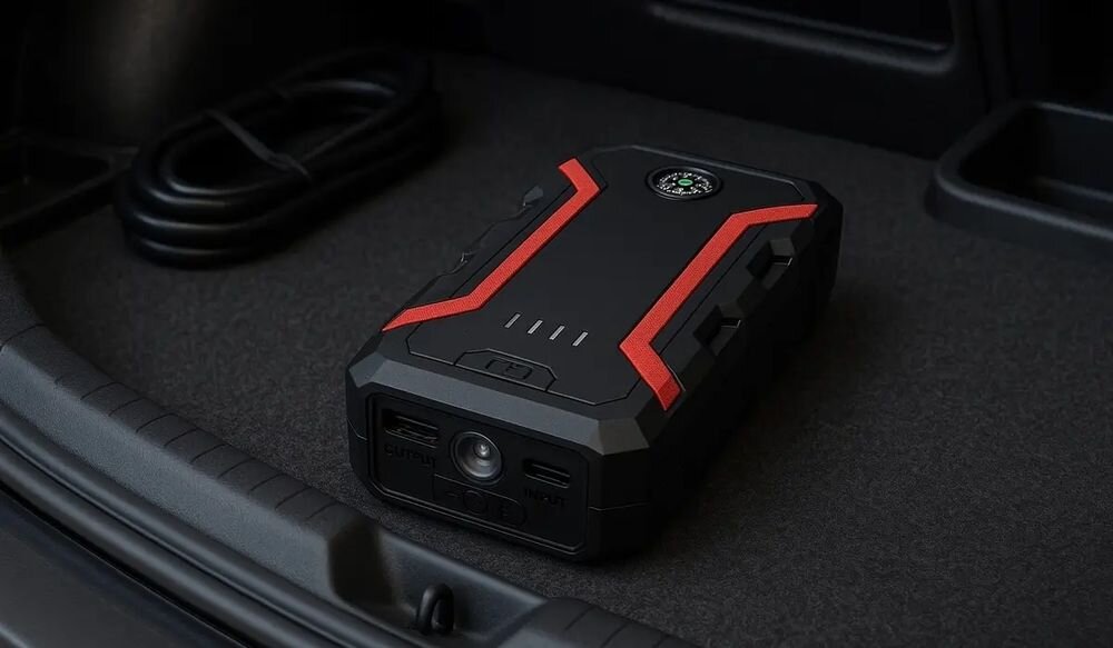 Urządzenie rozruchowe EXTRALINK Jump 2 booster akumulatora 300 A 600 A 22 Wh powerbank samochodowy, urządzenie leżace w bagażniku