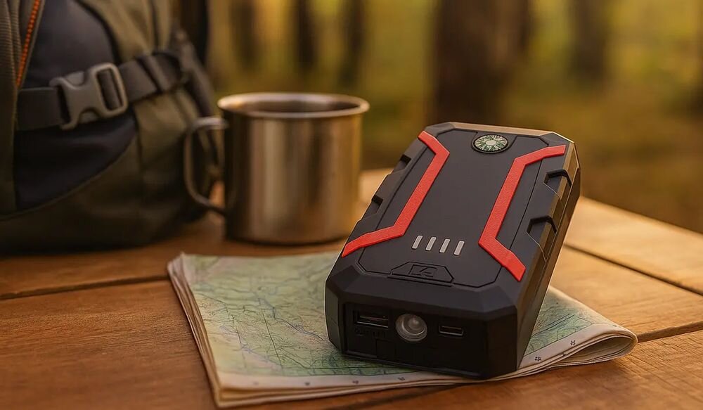 Urządzenie rozruchowe EXTRALINK Jump 2 latarka LED tryb SOS stroboskop kompas funkcje survivalowe, urządzenie leżące na stole