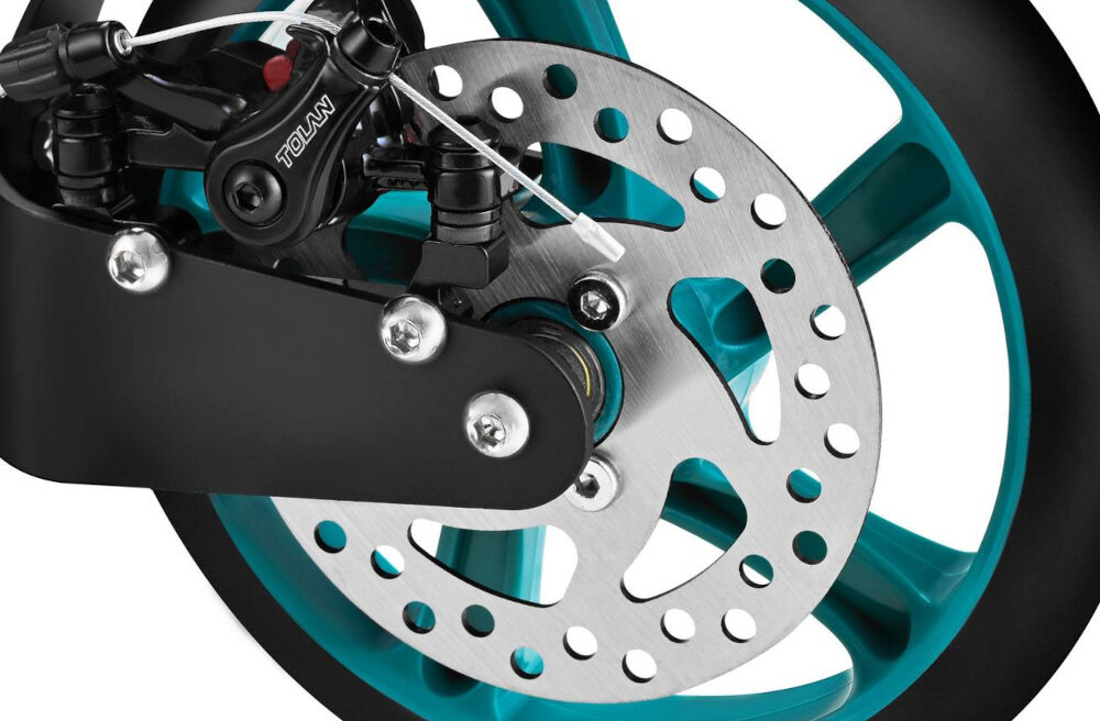 Hulajnoga NILS EXTREME HM124T Turkusowy zbliżenie na tarczę hamulcową dla dzieci i młodzieży od 11. roku życia bezpieczeństwo komfort tylny hamulec tarczowy szybkie i skuteczne zatrzymanie działa płynnie pełna kontrola nad prędkością