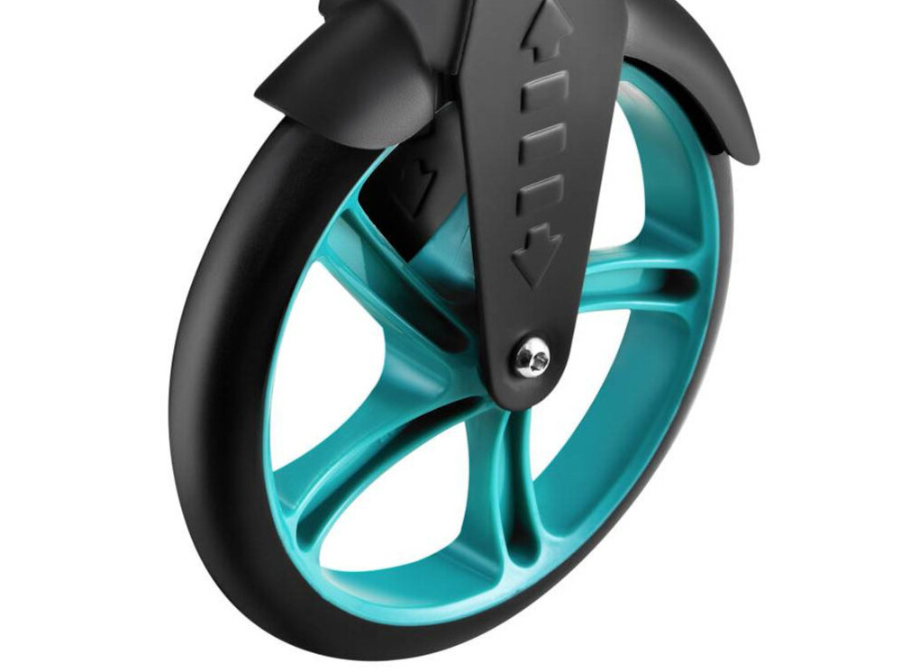 Hulajnoga NILS EXTREME HM124T Turkusowy zbliżenie na przednie kółko kółka o średnicy 200 mm z poliuretanu (PU) łożyska ABEC-7 Carbon płynność jazdy stabilność ogranicza wibracje komfort duża powierzchnia styku z podłożem
