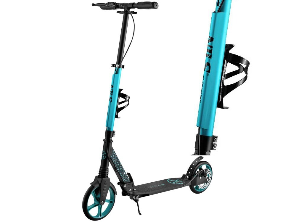 Hulajnoga NILS EXTREME HM124T Turkusowy hulajnoga na białym tle widoczna od przodu pod skosem obok zbliżenie na uchwyt na bidon praktyczny uchwyt na bidon użytkownik może łatwo uzupełniać płyny komfort wspiera aktywność fizyczną