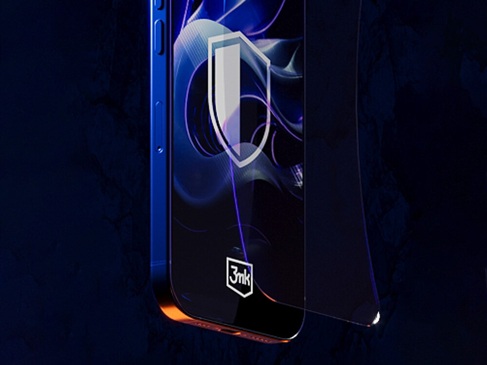 3MK FlexibleGlass dodatkową warstwą ceramiczną twardości na poziomie aż 7H wysoką odpornością na zarysowania - folia przy ekranie na ciemnym tle, na wyświetlaczu smartfona tarcza i logo 3mk