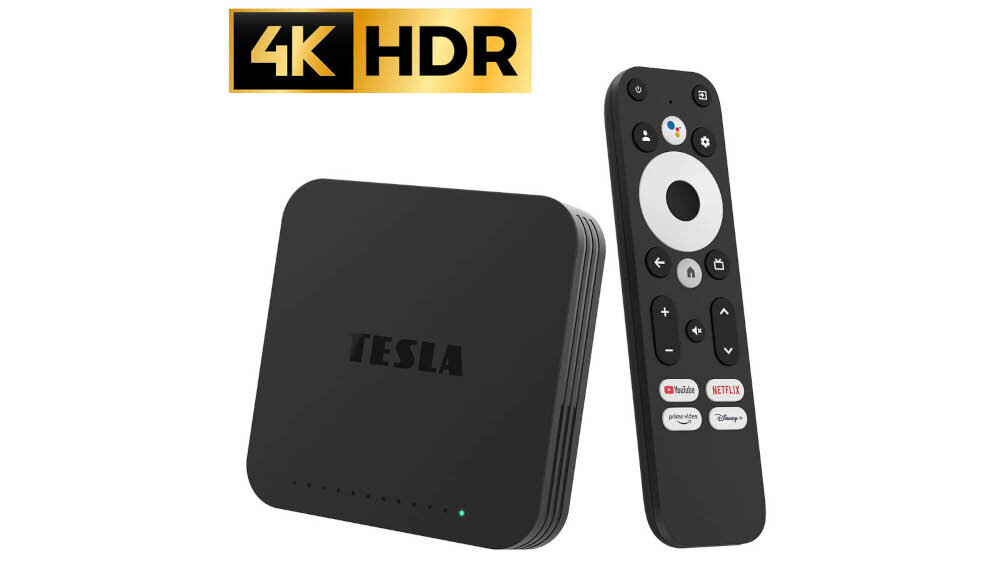 Odtwarzacz multimedialny 4K TESLA MediaBox XG500 4K HDR ostrość kolory kontrast, odtwarzacz z pilotem na białym tle