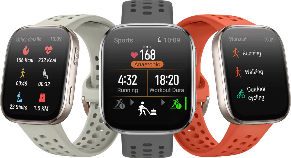Smartwatch AMAZFIT Bip 6 trzy zegarki w różnych wersjach kolorystycznych wyświetlacz amoled 1,97 wodoodponość 5atm