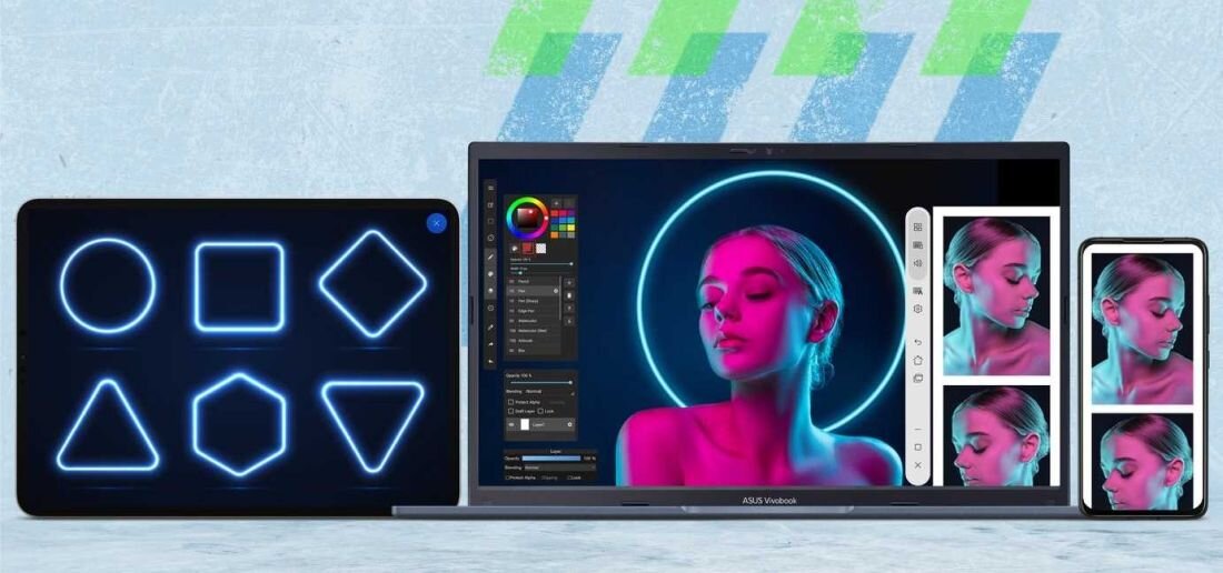 Laptop ASUS VivoBook współpracuje z tabletem i smartfonem, prezentując synchronizację ekranów w jednej przestrzeni roboczej – GlideX