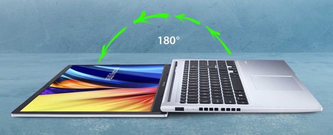 Laptop ASUS VivoBook leży całkowicie rozłożony o 180 stopni, prezentując konstrukcję zawiasu na jednolitym tle – zawias 180 stopni